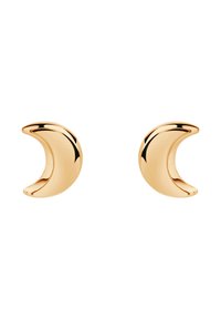 Złote, metalowe kolczyki w kształcie półksiężyca z polerowanym wykończeniem, charakteryzujące się gładkimi krzywymi i odbijającą powierzchnią, o wymiarach około 1 cala.