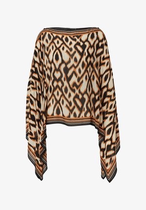 Leichte, gemusterte Bluse mit einem abstrakten braun-schwarzen Design auf einem cremefarbenen Hintergrund, breiten, fließenden Ärmeln und einem geraden Saum.