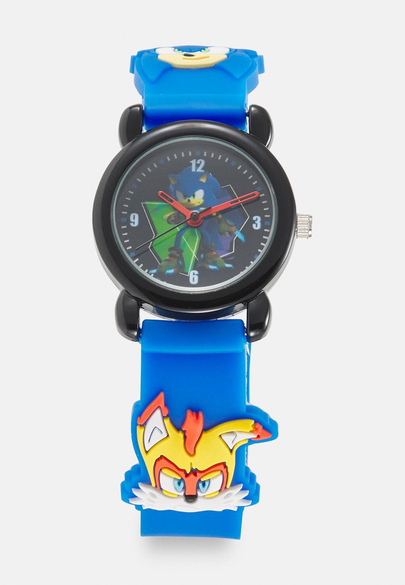 Blue silicone watch featuring a black round face with character graphic, red hands, and a strap adorned with a cartoon fox design.