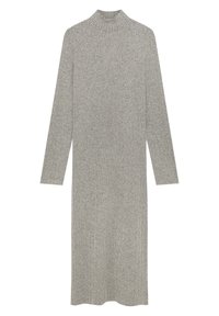 Robe tricotée à manches longues en gris clair avec une texture côtelée, dotée d'un col montant et d'une silhouette droite, atteignant en dessous du genou.