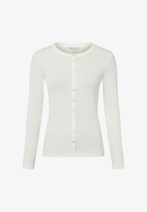 Kremowa, prążkowana bluzka z długim rękawem, okrągłym dekoltem i zapięciem na guziki z przodu, ozdobiona perłopodobnymi guzikami wzdłuż środka.