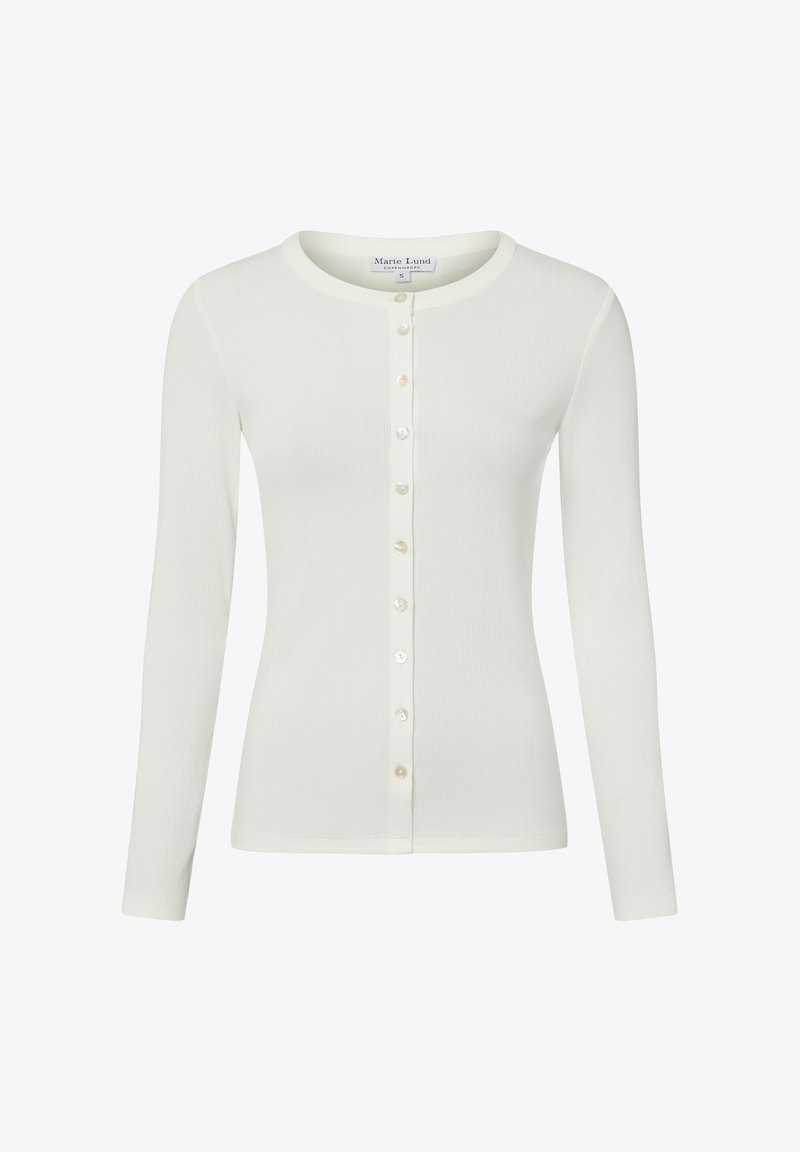 Langärmeliges, geripptes cremefarbenes Oberteil mit rundem Halsausschnitt und vorderer Knopfleiste mit perlenähnlichen Knöpfen entlang der Mitte.