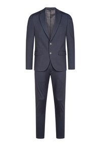 Abito blu navy realizzato in tessuto testurizzato, caratterizzato da un giacca su misura con rever a falde, due bottoni e pantaloni coordinati con pieghe stirate.