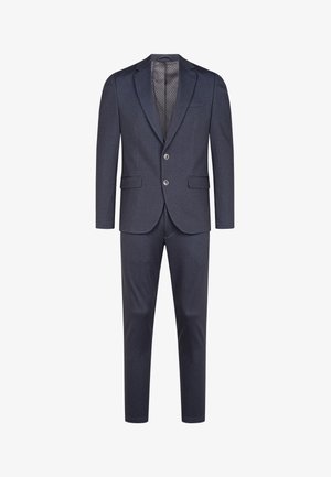 Marineblauw pak van gestructureerde stof, met een op maat gemaakte jas met notch-lapels, twee knopen en bijpassende broek met persvouwen.