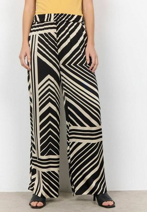 Wide-leg pants in black and beige with geometric stripe patterns; elastic waistband; lightweight fabric; smooth texture; floor-length design.