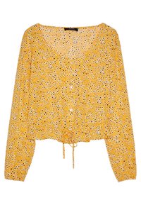 Gul kortärmad blus i lättviktig tyg med ett blommigt mönster och svarta och vita accenter, knappstängning och knytning i nederkant.