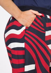 Colorful striped pants featuring bold red, navy blue, and white patterns, with a wide waistband and side pocket detail.
