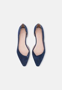 Paire de ballerines pointues en daim bleu marine pour femme avec coupe d’Orsay, vues de dessus sur un fond clair uni.