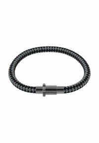 Bracciale intrecciato nero e grigio con una elegante chiusura magnetica in metallo. Presenta un design testurizzato e bordi arrotondati per il massimo comfort.