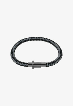 Bracciale intrecciato nero e grigio con una elegante chiusura magnetica in metallo. Presenta un design testurizzato e bordi arrotondati per il massimo comfort.