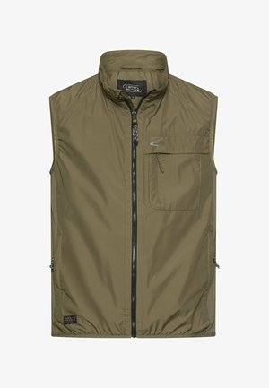 Olivgrüne ärmellose Weste mit Stehkragen, Frontreißverschluss, seitlichen Reißverschlusstaschen und einer klappbaren Brusttasche mit Logo.