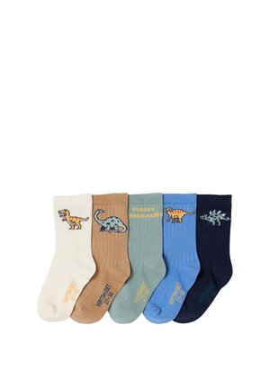 Five colorful socks for children, each with a different dinosaur design, arranged in a row on a white background.