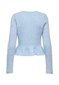 Pull tricoté bleu clair avec manches longues, ourlet à effet basque et motifs de dentelle complexes sur le corps et les manches.