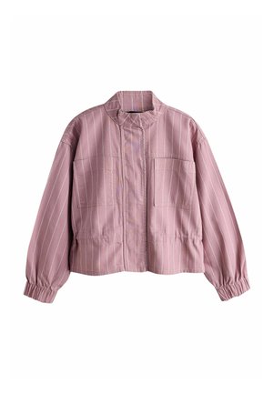 Pink cropped jacket with white vertical stripes, high collar, two front patch pockets, elastic cuffs, and hidden front closure.