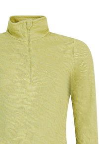 Lichtgroene top met lange mouwen, een hoge kraag en een halve rits, met een getextureerd golvend streepjespatroon.