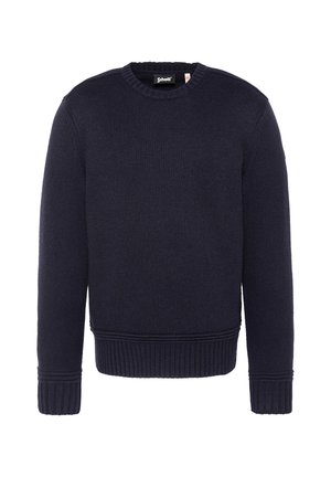 Pull en maille bleu marine à col rond, poignets et ourlet côtelés, manches longues, avec une étiquette de la marque Schott à l'intérieur du col.