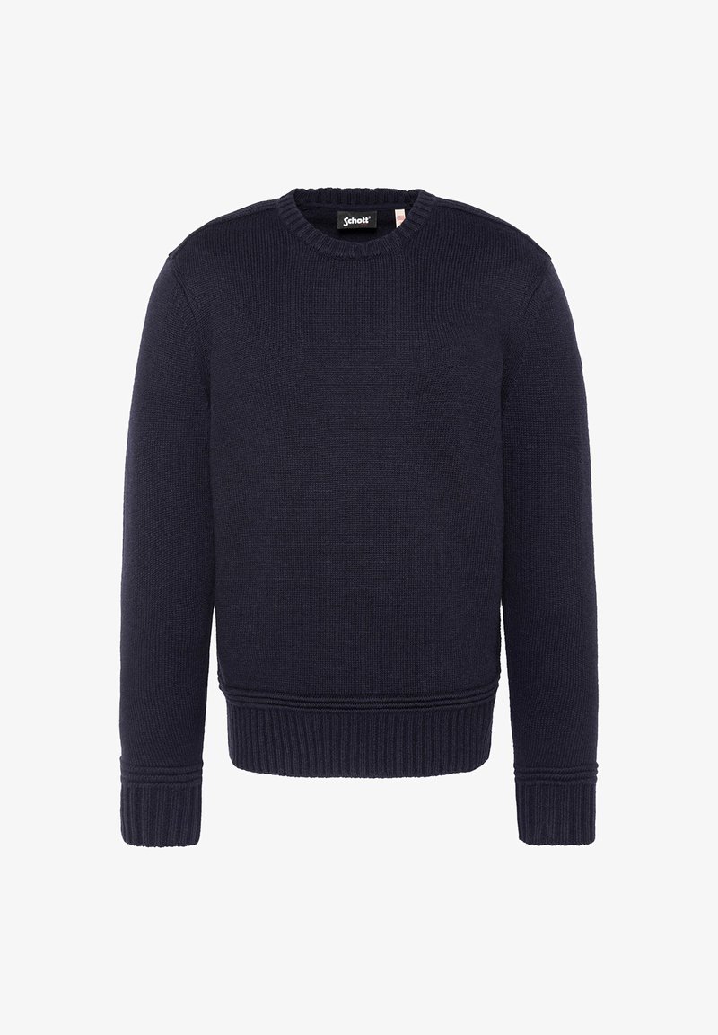 Pull en maille bleu marine à col rond, poignets et ourlet côtelés, manches longues, avec une étiquette de la marque Schott à l'intérieur du col.