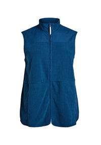 Niebieska polarowa kamizelka z wysokim kołnierzem, zamkiem błyskawicznym z przodu, dwoma przednimi kieszeniami i kontrastującą fakturą górnej części.