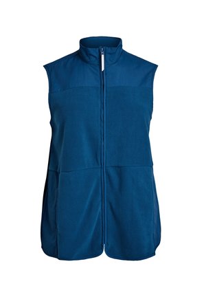 Blå fleecevest med høj krave, lynlåslukning foran, to frontlommer og en kontrasterende tekstur på den øverste panel.