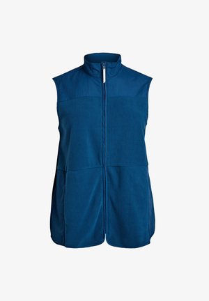 Blauwe fleece vest met een hoge hals, ritssluiting aan de voorkant, twee voorzakken en een contrasterende textuur op het bovenpaneel.
