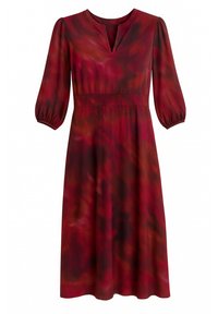 Rød kjole laget av glatt stoff, med V-hals, trekvart ermer med rynkede mansjetter, og en elegant flytende silhuett.