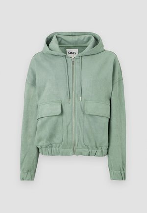 Mintgrøn zip-up hoodie lavet af blødt stof, med en hætte med snor, to frontlommer og en samlet kant.