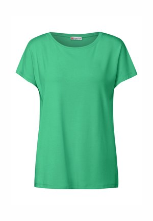 Grünes Kurzarm-T-Shirt aus weichem Stoff, mit Rundhalsausschnitt und lockerer Passform. Einfaches Design; keine sichtbaren Muster oder Akzente.