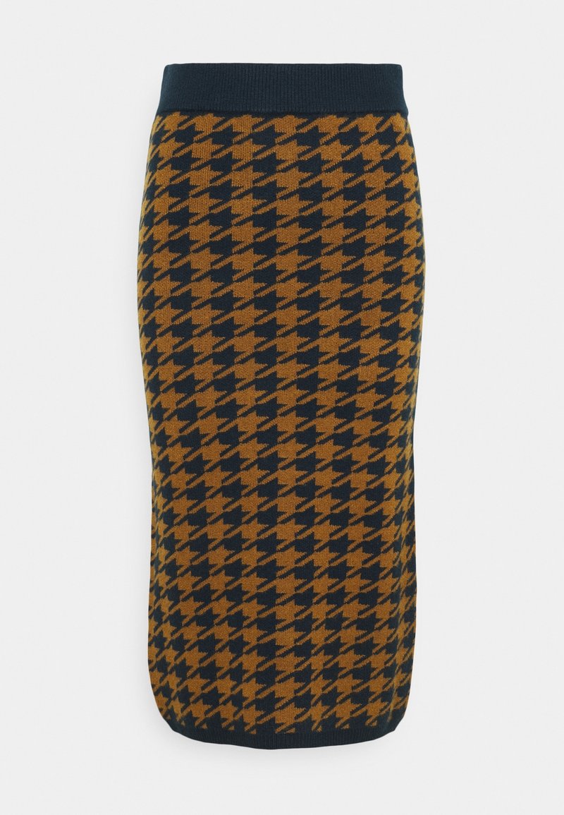 Jupe crayon longueur genoux avec motif pied-de-poule noir et marron et ceinture et ourlet noirs unis.