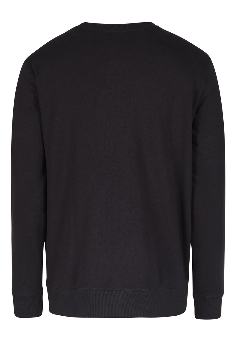 Sudadera negra con mangas largas, un cuello redondo y puños y dobladillo acanalados. La tela parece suave y tiene una textura uniforme.