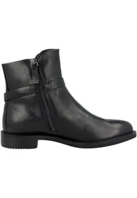 Stivale alla caviglia in pelle nera con zip laterale, texture liscia, punta arrotondata e tacco rettangolare basso. Cuciture rinforzate nei punti di giuntura.