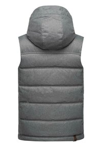 Grau gesteppte ärmellose Kapuzenweste mit horizontalen Nähten und Stoffetikett nahe der unteren Kante, von hinten gezeigt.