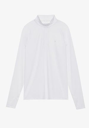 White long-sleeve zip-up top with a mock collar, made from smooth fabric, featuring a reinforced stitching pattern along the seams.