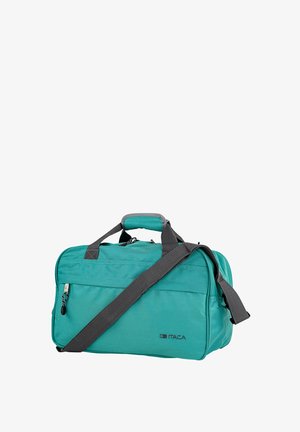 Bolsa de lona color verde azulado hecha de un tejido duradero. Cuenta con asas y correa grises, cierre de cremallera y un logo en el lateral. Forma rectangular, textura lisa.