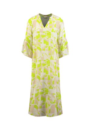 Robe ample avec manches 3/4 à volants, col en V, et motif géométrique abstrait jaune-vert et beige sur tissu blanc.