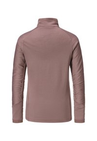 Langärmliges Hemd mit hohem Kragen in hellem Mauve. Der strukturierte Stoff weist horizontale Streifen auf, mit taillierten Ärmeln und Details an den Manschetten.