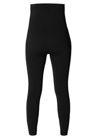 Zwarte high-waisted leggings met een naadloos ontwerp, weergegeven van de achterkant tegen een witte achtergrond.