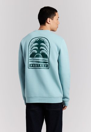 Man draagt lichtblauwe trui met donker groen grafisch ontwerp van een zonsondergang en golven boven het woord "PROTEST" op de achterkant.