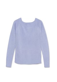 Suéter de punto azul claro con un amplio escote acanalado y mangas largas. Presenta un dobladillo acanalado y una textura suave y lisa.