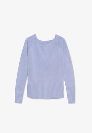 Suéter de punto azul claro con un amplio escote acanalado y mangas largas. Presenta un dobladillo acanalado y una textura suave y lisa.