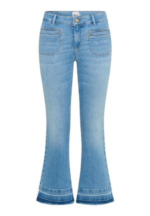 Hellblaue Jeans aus Denim mit vorderen Taschen, Knopfverschluss und leicht ausgestellten, ausgefransten Säumen.