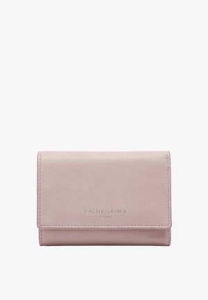 Pink leather wallet with a textured surface, compact design, silver brand logo on the front, and precise stitching details.