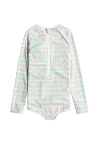 Bodysuit de bain à manches longues en tissu extensible, avec une base vert clair ornée de motifs floraux roses et une fermeture éclair dans le dos.