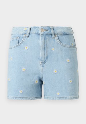 Světle modré džínové šortky s vyšívanými bílými a žlutými kopretinami, přední knoflík, zip a design s pěti kapsami.