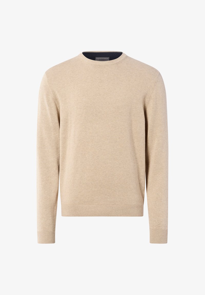Beige gebreide trui met lange mouwen en een ronde hals. Heeft een textuurafwerking en geribbelde manchetten en onderrand. Eenvoudig en veelzijdig ontwerp.