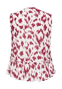 Ärmlös blus i vitt med ett röd djurmönster. Har en volangkant och är tillverkad av lätt, texturerat tyg.