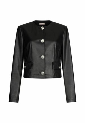 Black leather cropped jacket with long sleeves, round neckline, five shiny buttons, and two front pockets. Smooth texture with tailored design.