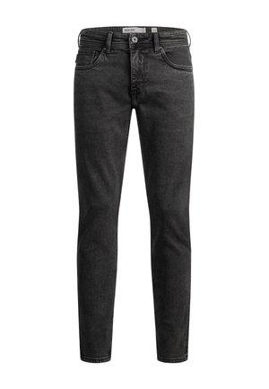 Sort denim jeans med slim fit, fem-lomme design, diskret falmning og kontrasterende syninger. Har en knap- og lynlås-lukning.