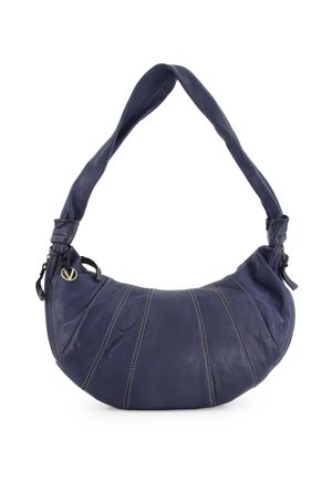 Navy leather handbag with a curved shape, featuring diagonal stitching, a thick shoulder strap, and a gold logo accent.