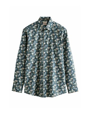 Bloemenpatroon shirt in donkerblauwgroen met lange mouwen, knoopsluiting aan de voorkant en een klassieke kraag. Materiaal lijkt lichtgewicht en soepel.