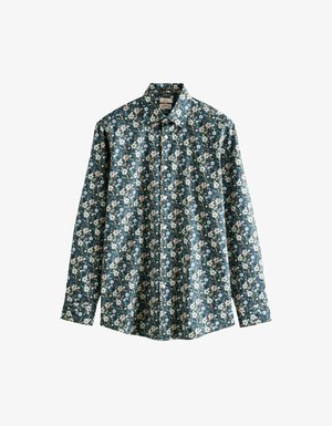 Bloemenpatroon shirt in donkerblauwgroen met lange mouwen, knoopsluiting aan de voorkant en een klassieke kraag. Materiaal lijkt lichtgewicht en soepel.